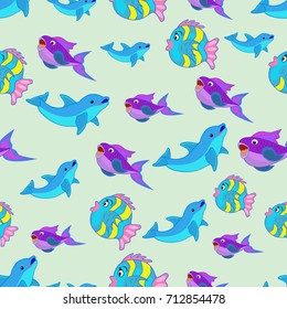 Seamless fish pattern and dolphins. Vector illustration.