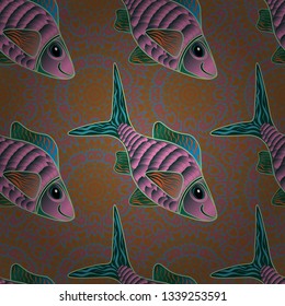 Seamless fish pattern in doodle style. Vector handdrawn fishes in brown, blue and pink colors.