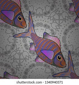 Seamless fish pattern in doodle style. Vector handdrawn fishes in blue, brown and gray colors.