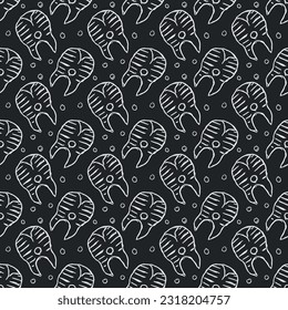 Seamless fish pattern. Drawn fish background. Seafood illustration