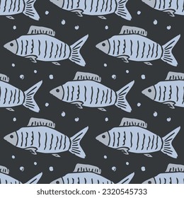 Seamless fish pattern. Drawn fish background. Seafood illustration