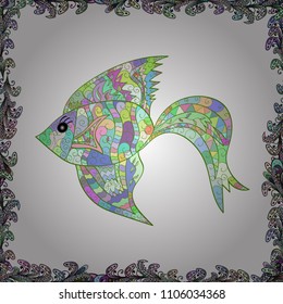 Seamless Fish pattern. Fishes on white, neutral and green. Handdrawn. Vector illustration.