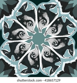 Seamless fish pattern. Geometric circular composition. Monochrome colors. 