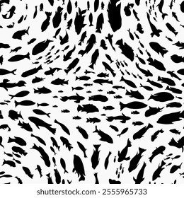 Seamless fish pattern. Hand drawn fish pattern. Black silhouettes fish doodle sketch vector icons background. Varieties realistic fishes for children's wallpaper, scrapbooking, wallpaper, fabrics.