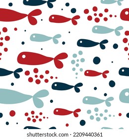 Nahtlose Fischmuster. Die Nordsee. Das Meer liegt im skandinavischen Stil. Vektorgrafik.