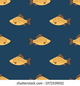 Seamless fish pattern is on a blue background. Illustration for a cover, a poster or a textile design. Save with the Clipping Mask.