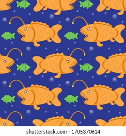 Seamless fish pattern on a dark blue background with bubbles. Vector image eps 10