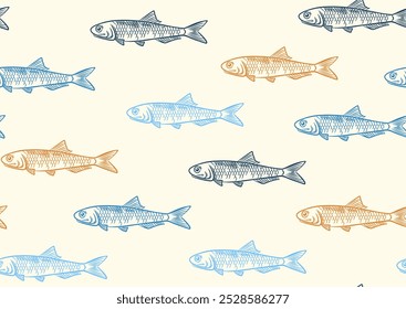 Seamless fish pattern. Repeating doodle ornament with different fish and sea creatures. Design element for branding, cafe menu and fabric printing. Hand drawn outline vector illustration