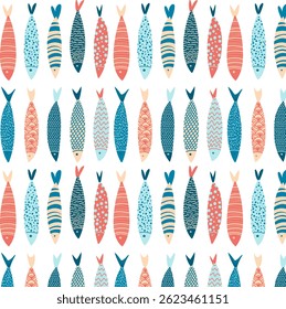 Seamless fish pattern in Scandinavian style, hand drawn colorful marine background, minimal ocean repeat design for textile and wrapping. Nordic Fish Seamless Pattern. Naive ocean pattern. Fish background.