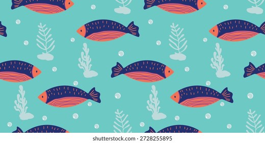 Patrón de pescado sin fisuras con plantas marinas sobre fondo de menta, textura de Vector marino fresco para el diseño de la tela y el vivero