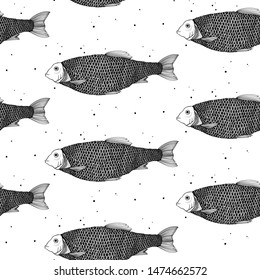 Seamless fish pattern. Vector graphic. Hand-drawn black and white bream.