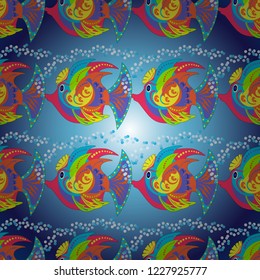 Seamless fish pattern. Vector handdrawn art. Blue, orange and violet fishes.
