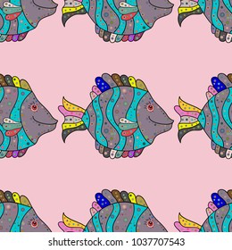 Seamless Fish pattern. Vector illustration. Handdrawn. Fishes on neutral, blue and black.