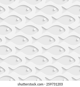 Seamless Fish Pattern. Vector Soft Background. Regular White Texture