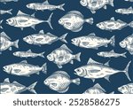 Seamless fish pattern. Vintage repeat engraving style ornament with ocean fish, seafood or sea creatures. Design element for branding and cafe menu. Hand drawn outline vector illustration