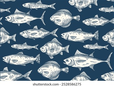 Padrão de peixe sem costura. Vintage repete gravura estilo ornamento com peixes oceânicos, frutos do mar ou criaturas marinhas. Elemento de design para marca e menu café. Ilustração de vetor de contorno desenhado à mão