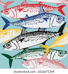 Seamless fish pattern. Vintage repeat engraving style ornament with mackerel fish. Hand drawn outline vector illustration. Design for branding, restaurant and menu.