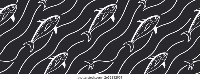Padrão de peixe sem costura com linhas onduladas no fundo escuro, design elegante de arte de linha marinha aquática perfeito para papéis de parede, tecidos, papel de embalagem, impressões e projetos decorativos inspirados no oceano.