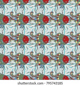 Seamless Fish pattern.Fishes on gray, blue and neutral. Vector illustration. Handdrawn.