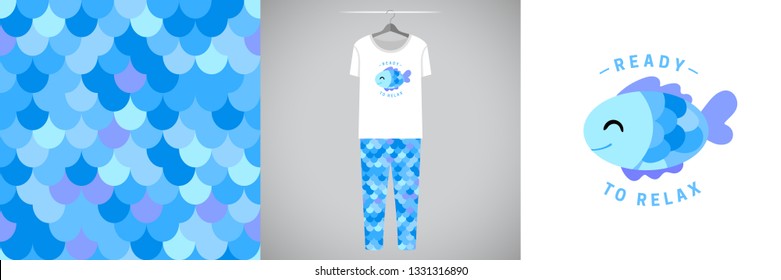 Seamless fish scale pattern and illustration for kid with fish and quote Ready to relax. Cute design pajamas on hanger. Baby background for clothes, birthday decor, t-shirt print, kids wear fashion