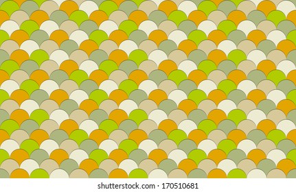 Seamless fish scale texture in colors of green, orange, tan and brown