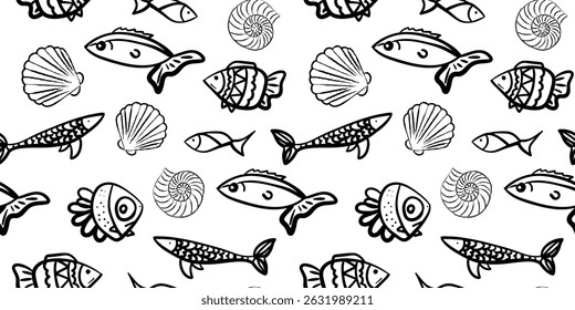 seamless fish and shell pattern black line art white background hand drawn ocean motif