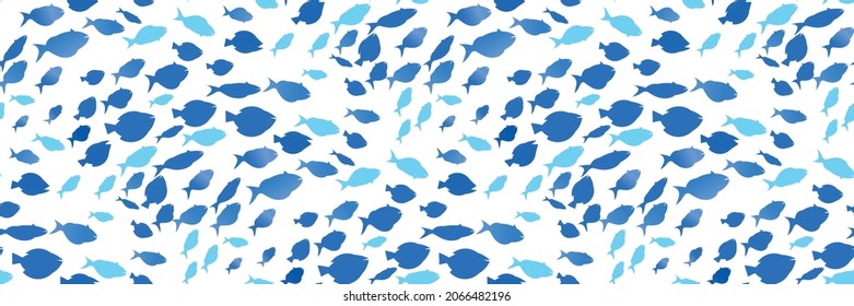 Patrón de bancos de peces sin foco. Siluetas de un rebaño de peces aislados en un fondo blanco. Escuela de peces de telemática marina (oceánica). Impresión vectorial para el diseño web de envoltura, carteles, afiches
