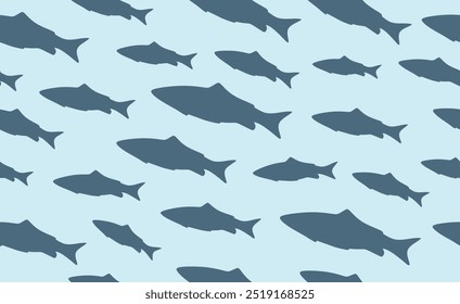 Seamless Fish Silhouette Pattern Illustration. This flat vector illustration features a seamless pattern of dark blue fish silhouettes against a light blue background. Isolated.