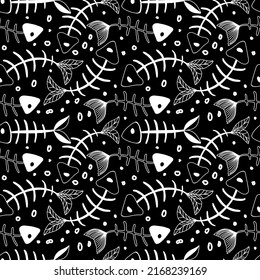 Seamless fish skeleton pattern, hand-drawn elements in doodle style. Fish Bones. Vector in cartoon style. Suitable for textiles and packaging.