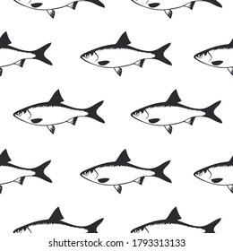 Seamless fish vector pattern. Nature background. Seafood seamless pattern. Backdrop with fishes. Seamless pattern. Wrapping paper. Nature background. Fish icon. Seafood backdrop. Sea backdrop. Vector 