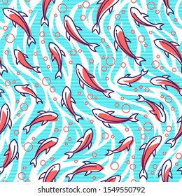 Seamless fish and waves vector pattern.