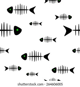 Seamless fishbone pattern. Black skeletons on a white background. 