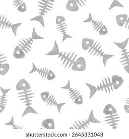 Seamless fishbone pattern. Watercolor fish skeletons background