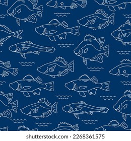 Seamless fishes, isolated on blue background. Hand drawn sketch vector illustration. 