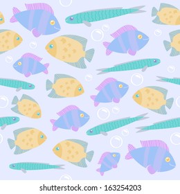 Seamless fishes pattern in pale violet and beige colors.