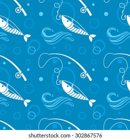 Seamless fishing background with fish, fishing rod and wave icons