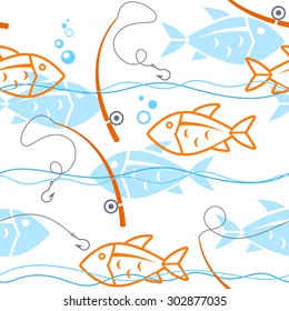 Seamless fishing background with fish, fishing rod and wave icons