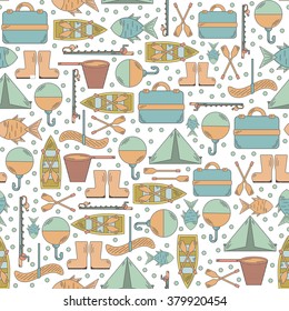 Seamless fishing background with simple line flat fishing objects. Outdoor activity hobby concept