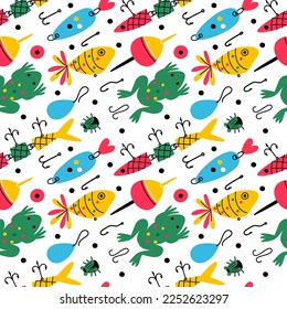 Seamless fishing bait pattern. Colorful different lures. Small fish and insects imitation. Floats with hooks. Fishers tackle. Angling bobbers. Rod spinners. Garish vector