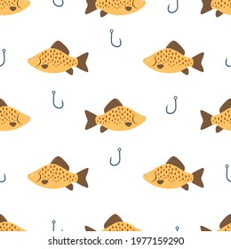 Seamless fishing pattern is on a white background. Illustration for a cover, a poster or a textile design. Save with the Clipping Mask.