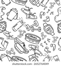 Padrão de doodle de fitness sem costura com itens esportivos, adequado para roupas de ginástica, equipamentos de exercícios ou desenhos de marca energética. Energize seu projeto!