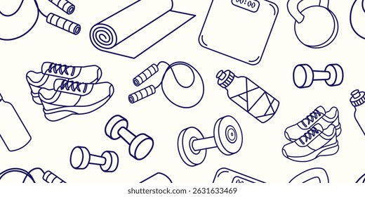 Seamless Fitness Equipment Pattern in Line Art Style.Fitness and gym equipment with sneakers, dumbbells, jump rope, yoga mat, kettlebell, water bottle, scale,activewear, sports branding, workout apps
