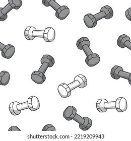 Seamless fitness pattern of dumbbells white background. Vector black and white illustration for pattern, background, wallpaper, fabric cartoon style