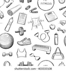 
Seamless fitness pattern. Sketches of sports equipment on a white background