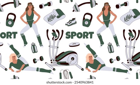 Seamless fitness pattern with various sports equipment and active women doing sports.