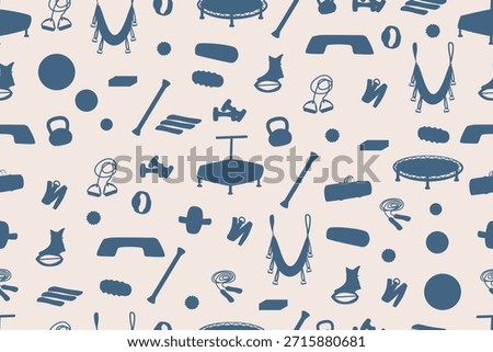 Seamless fitness tools pattern with silhouette wirkout equipment elements. Sport background for textile, fabric, and packaging. Set gym accessories for yoga, jumping fitness and stepping.