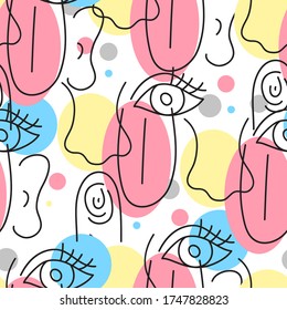 Seamless five sense pattern. Background with images of nose, tongue, eyes, fingers and ears. Vector illustration