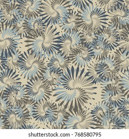 Seamless five-color pattern. Fireworks made of bird feathers. Fantastic flowers.
