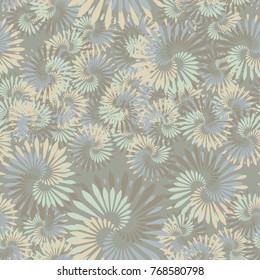 Seamless five-color pattern. Fireworks made of bird feathers. Fantastic flowers.