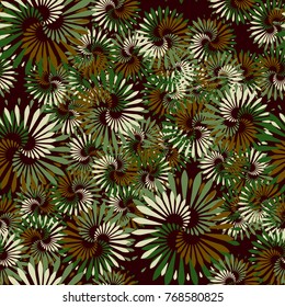 Seamless five-color pattern. Fireworks made of bird feathers. Fantastic flowers.